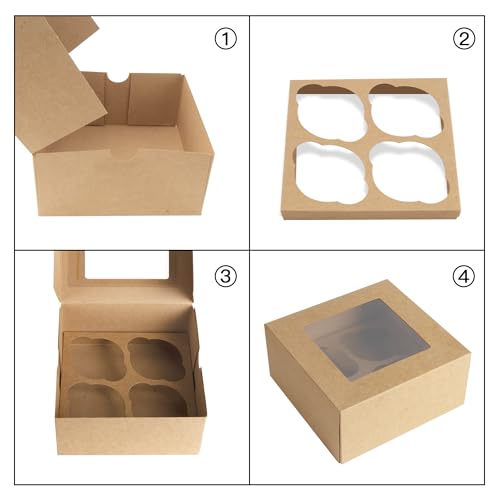 Jotique Kraft Cupcake Boxes with Window, 6-Pack, 6x6x3 Inch