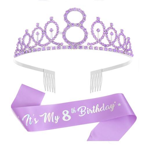 8th Birthday Crown and Sash Set - Purple Rhinestone Tiara for Girls