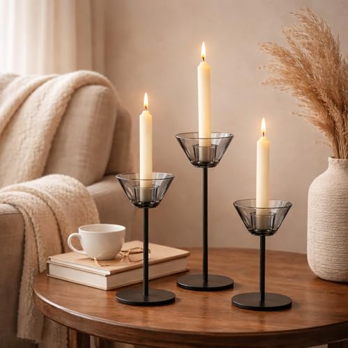 Smoke Gray Glass Candlestick Holders Set of 3 - Modern Minimalist