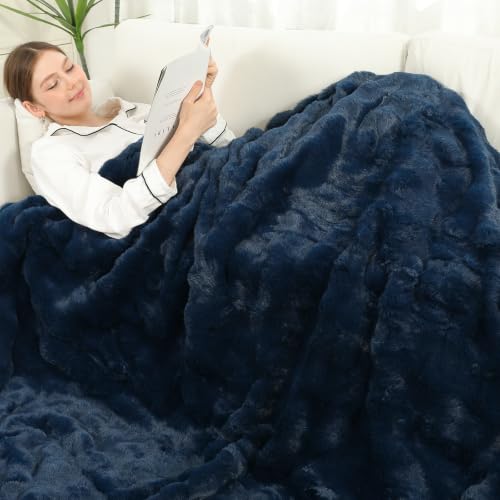 Navy Blue Flannel & Faux Fur Heated Blanket Full Size Machine Washable