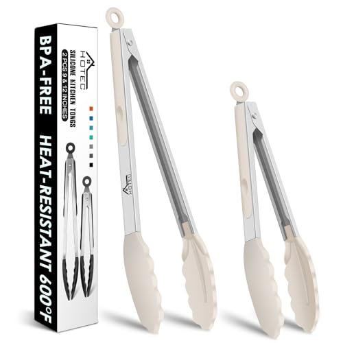 HOTEC Stainless Steel Locking Kitchen Tongs with Silicone Tips, Khaki, 2-Pack