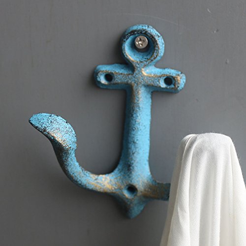 KiaoTime Blue Nautical Anchor Wall Hook - Rustic Cast Iron Coat Rack