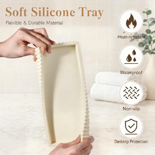 Silicone Bathroom Tray - Small Beige Vanity Organizer for Countertop