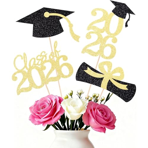 2026 Graduation Decorations - Black & Gold Glitter Centerpieces