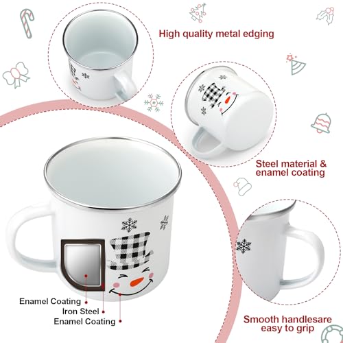 6 Pack Christmas Winter Enamel Coffee Mugs Set with Snowflake & Snowman Designs