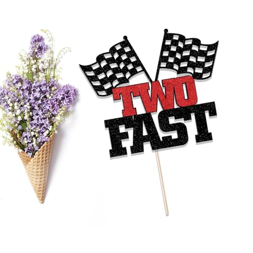 Two Fast Cake Topper - Black Glitter Race Car 2nd Birthday Decoration