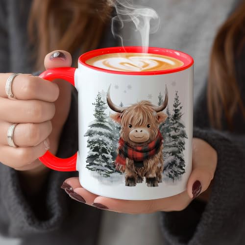 Highland Cow Christmas Mug with Spoon - Festive Holiday Coffee Cup - Xmas WR