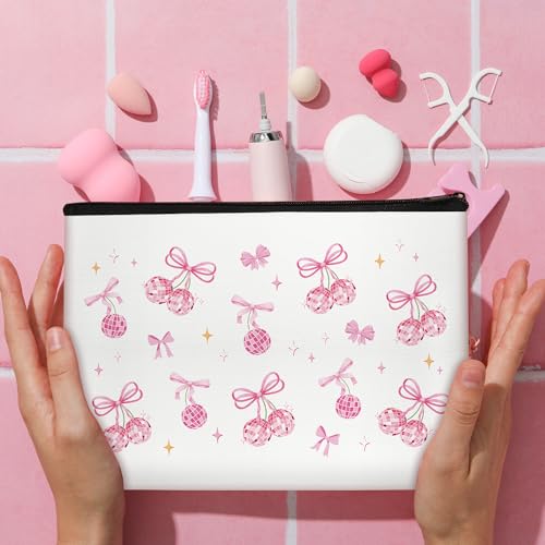 Pink Bow Makeup Bag Waterproof Linen Travel Cosmetic Pouch for Women
