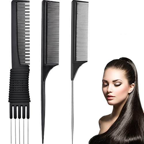 Leinuosen 3 Pack Black Teasing Combs with Metal Prong & Rat Tail