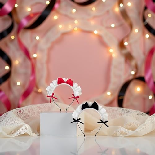 Lolita Maid Cosplay Headband Set Lace Bow Hair Band 2 Pcs Black Red