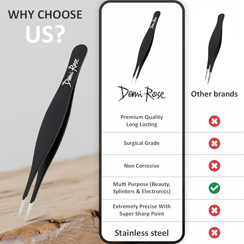 DEMI ROSE Pointed Precision Tweezers - Stainless Steel Splinter & Ingrown Hair Remover