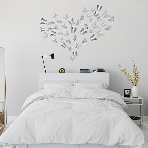 Seyal 3D Metallic Butterfly Wall Decor Stickers, Silver 48-Piece Set