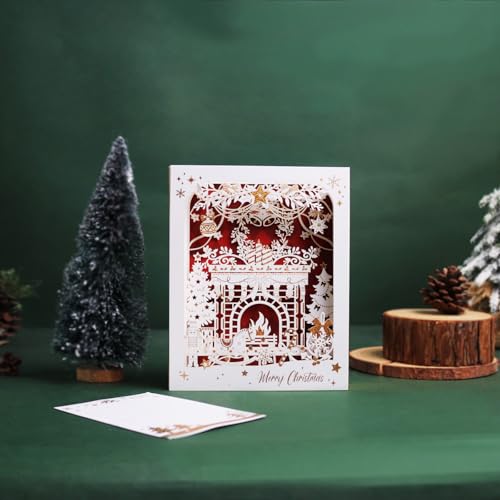 3D Christmas Card with Gold Foil - Pop Up Holiday Greeting Card with Winter Scene, Christmas Fireplace Paper Carved Box