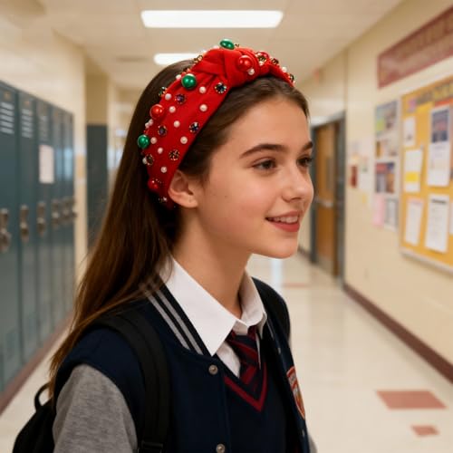Tisbonsy Christmas Pearl Rhinestone Wide Knot Headband in Red