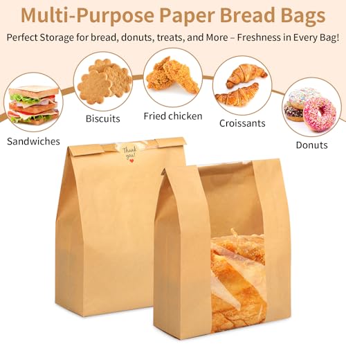 Kraft Paper Bread Bags with Clear Window - 30 Pcs Sourdough Bakery Bags