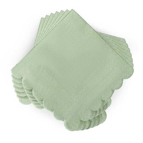 100 Pcs Sage Green Scalloped Cocktail Napkins - 5x5 Inches Disposable for Parties