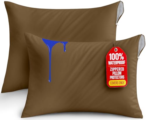 Utopia Bedding Queen Pillow Protectors, Waterproof Zippered Covers - Mocha (2-Pack)