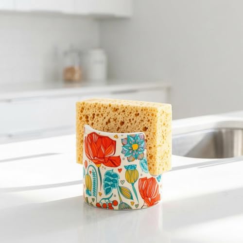 YOSCO Cute Ceramic Kitchen Sink Sponge Holder - Floral Design