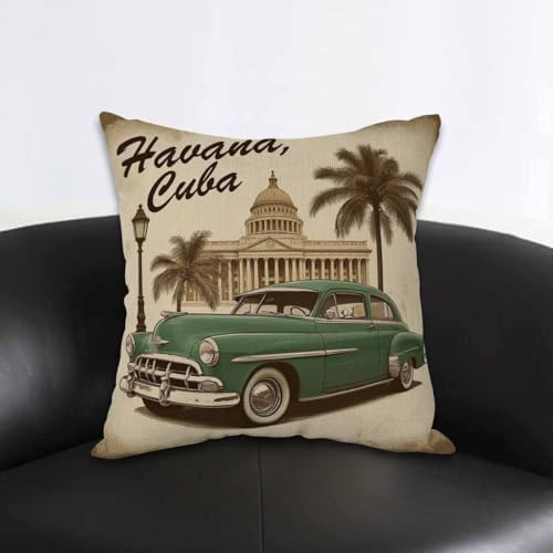 Havana Cuba Throw Pillow Cover - Vintage Car 18x18 Inch Cushion