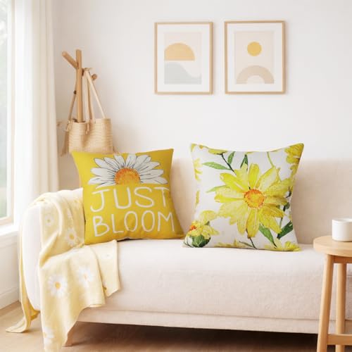 Yellow Sunflower Throw Pillow Covers 18x18 (Set of 4) for Home Decor
