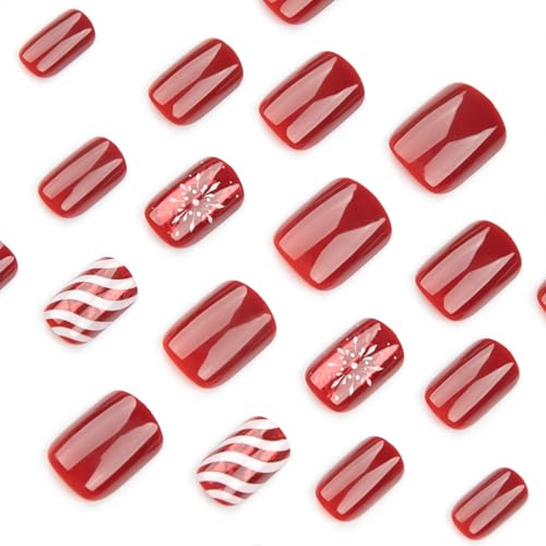 Christmas Red Short Square Press on Nails Winter Fake Nails 24 Pcs