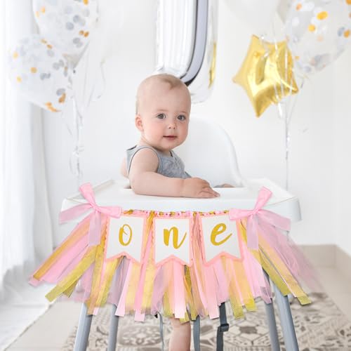 Pink High Chair Banner for 1st Birthday Girl - Tulle & Ribbon Decor