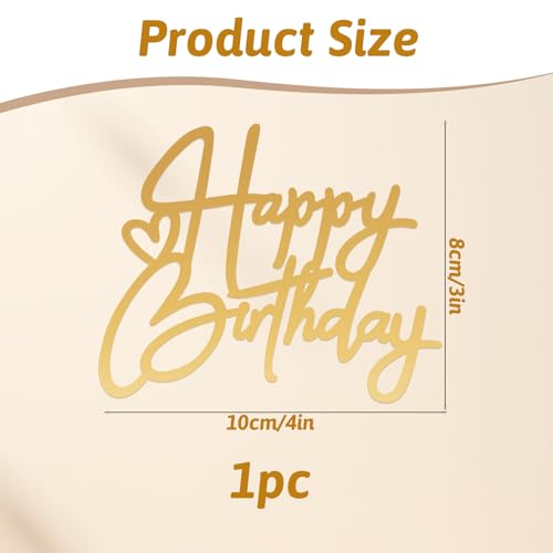 Gold Heart Happy Birthday Cake Topper - 4x3in Acrylic Sign
