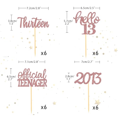 24-Piece Rose Gold 13th Birthday Cupcake Toppers - Official Teenager Decor