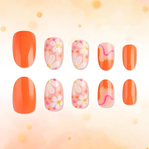 Short Oval Press on Nails Orange Floral Gold Glitter False Nails