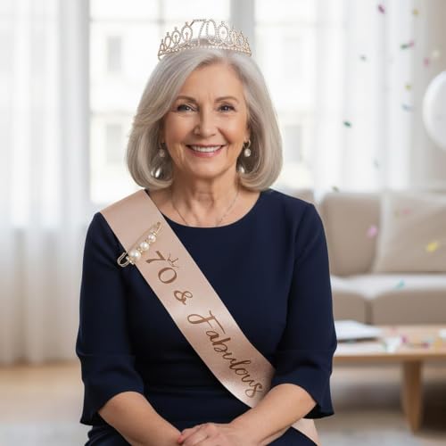 Halfte 70th Birthday Crown & Sash Pin Set for Women - 70th Celebration Decorations