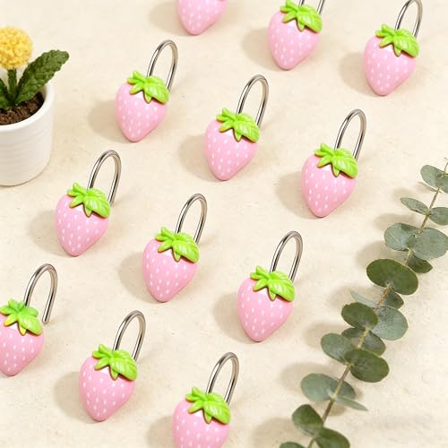 YOINIUEM Strawberry Shower Curtain Hooks, 12-Pack Resin Rings - Pink & Green