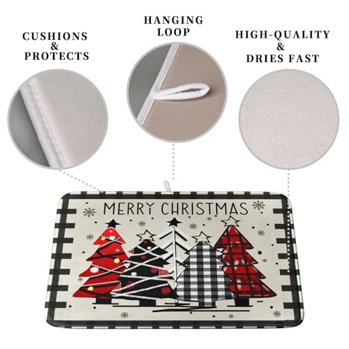 Christmas Trees Dish Drying Mat 18x24 Inch Reversible Microfiber Kitchen Counter Decor - Black White Buffalo Plaid