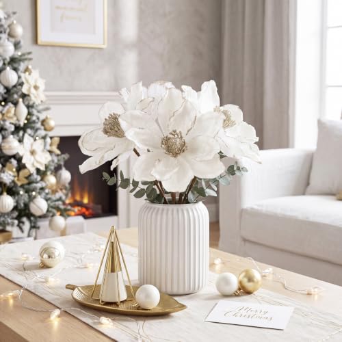 White Glitter Magnolia Artificial Flowers for Christmas Tree - 10 Pieces