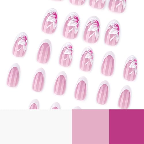 Pink Flower Press on Nails Almond French Tip Fake Nails with Rhinestones