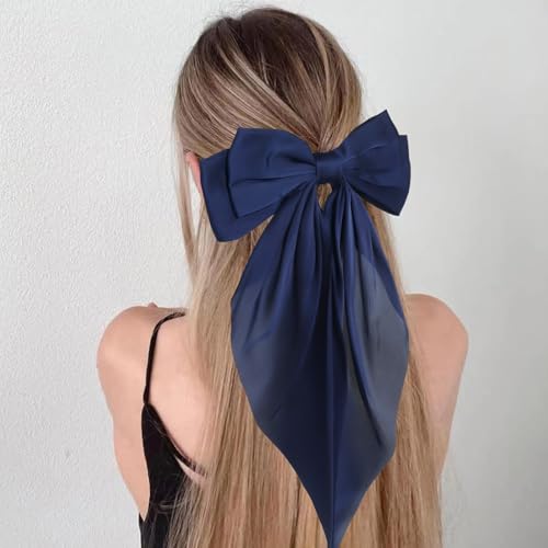 JOYRUBY 2PCS Silky Satin Blue Hair Bows with Long Tail French Barrettes