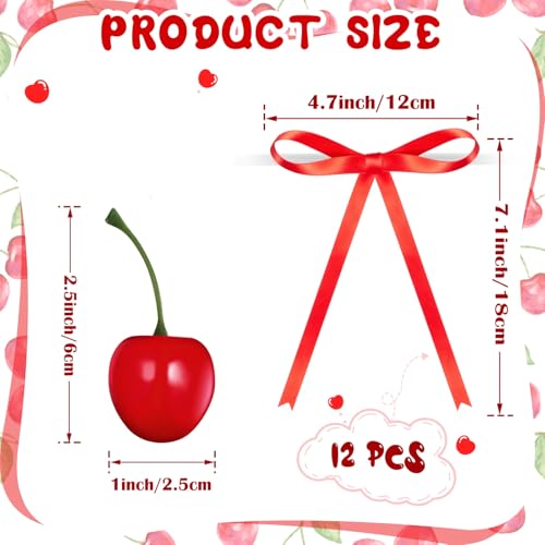 24 Pcs Fake Cherry Cake Toppers with Red Bows for Party Dessert Decor