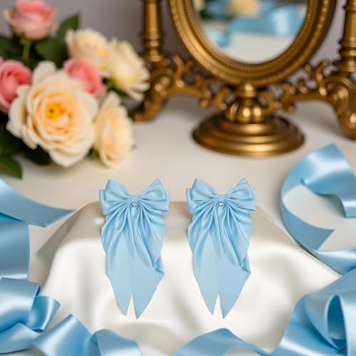 Satin Bow Hair Clip Set - Jumbo Light Blue Hair Barrette with Long Tails