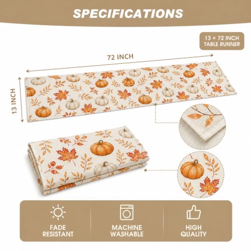 Thanksgiving Table Runner - Orange Pumpkins & Maple Leaves, 13x72"