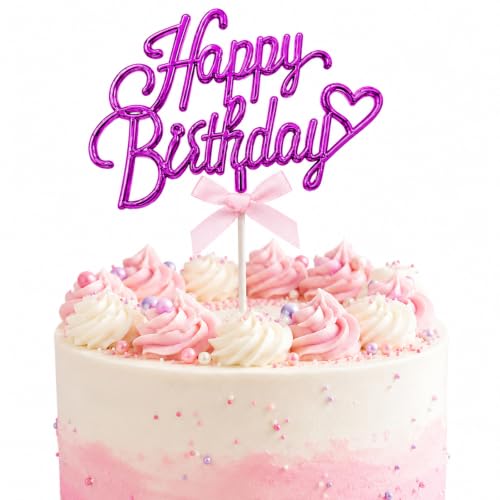 Purple Acrylic Happy Birthday Cake Topper with Heart & Bow