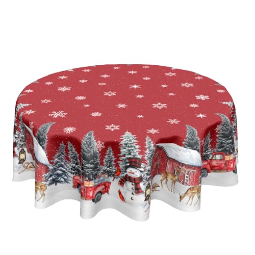 Kawani Christmas Snowman Red Round Tablecloth 60 Inch Holiday Decor