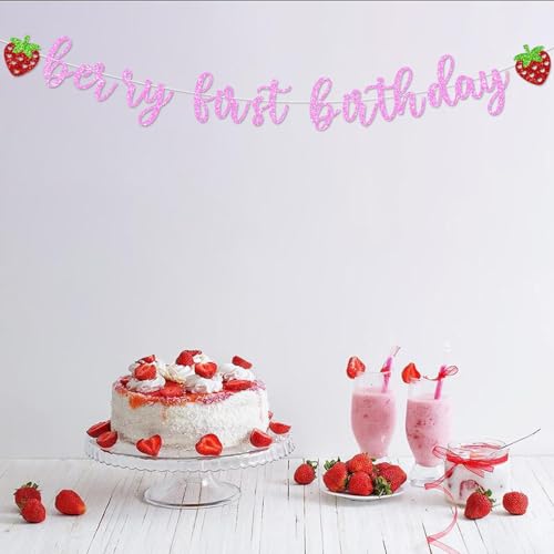 Glitter Strawberry First Birthday Banner - Sweet Berry Party Decor