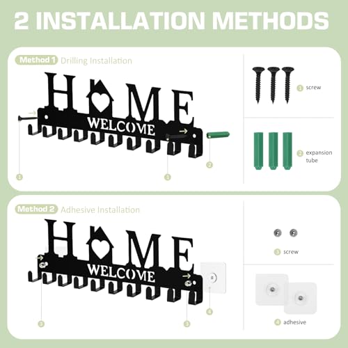 Metal Key Holder Wall Mount with 12 Hooks - Black Adhesive Hanger