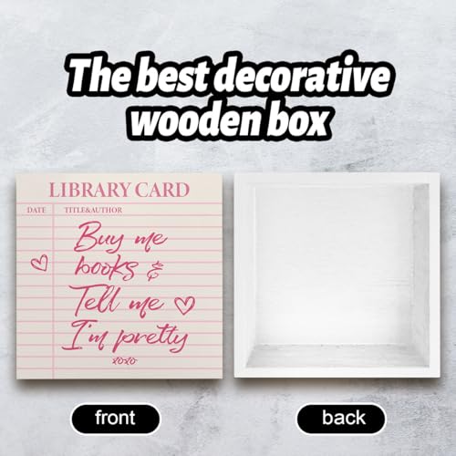 Buy Me Books & Tell Me I'm Pretty Wooden Box Sign, 5x5 Library Card Decor