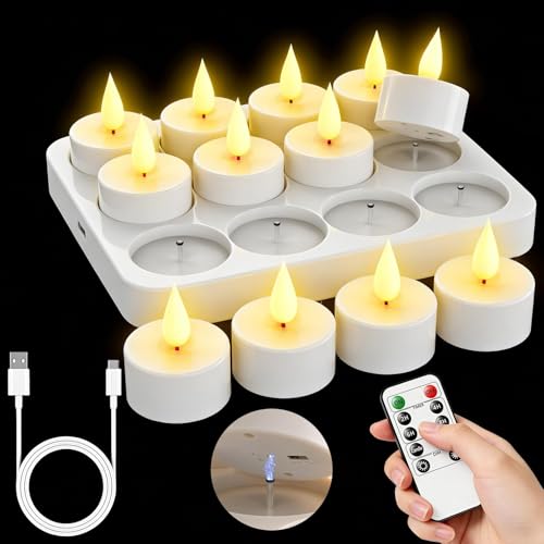 Rechargeable Flameless Tea Lights with Charging Base Remote & Timer 12-Pack
