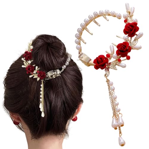 Rose Pearl Hair Claw Clip with Floral Tassel for Elegant Updo Styling