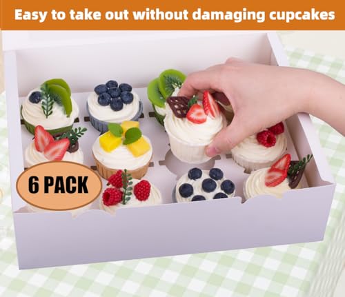 LONGTEAM 12-Count Cupcake Boxes with Window & Inserts - White, 6-Pack
