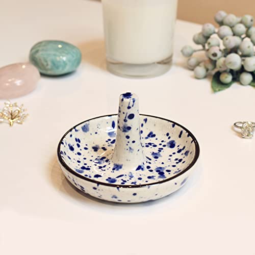 Ceramic Ring Holder Stand - Blue Dots Jewelry Dish for Rings & Earrings