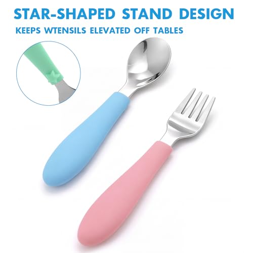 Kids Stainless Steel Fork & Spoon Set with Color Options - Toddler Safe Flatware for Self-Feeding, 6 pcs Blue/Green/Pink
