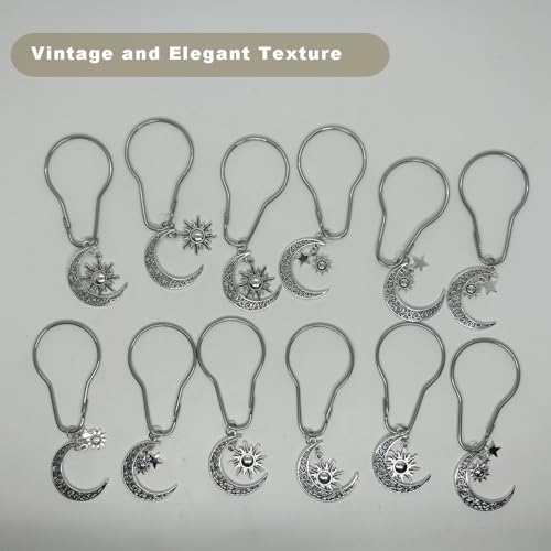 12-Piece Celestial Shower Curtain Hooks, Rust-Proof Metal Sun Moon Stars