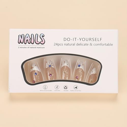 White French Tip Press On Nails Medium Almond with Rhinestones 24Pcs